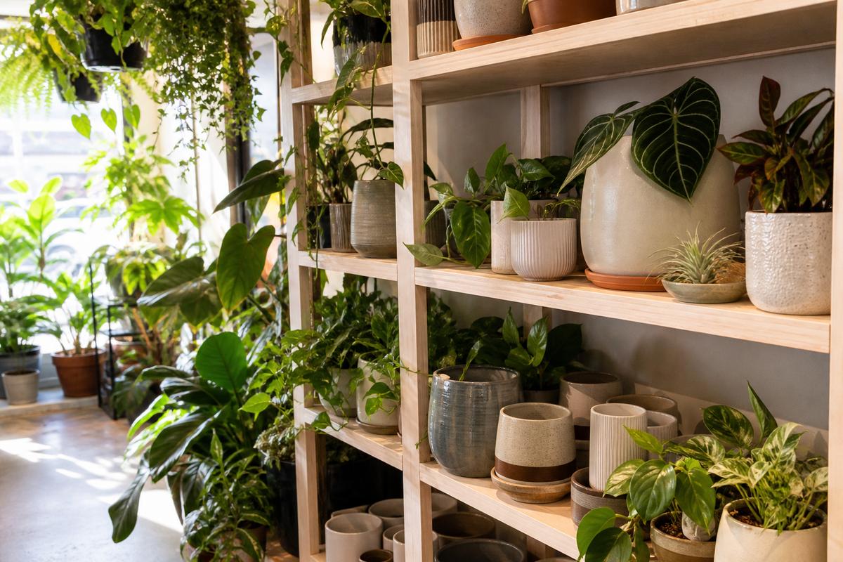 Ceramic pots lined with leafy greenery