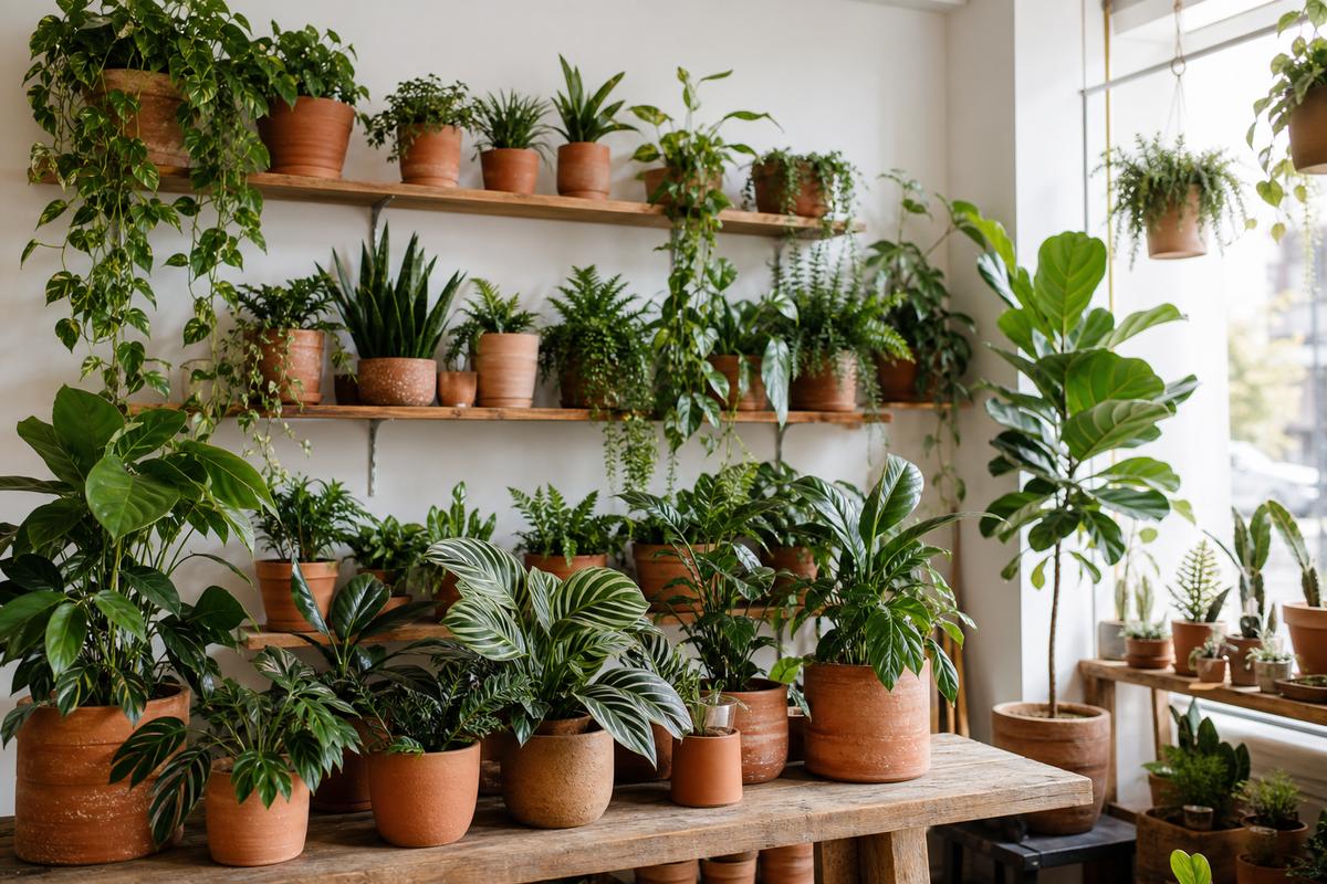 Bright plant room with terracotta pots and shelves