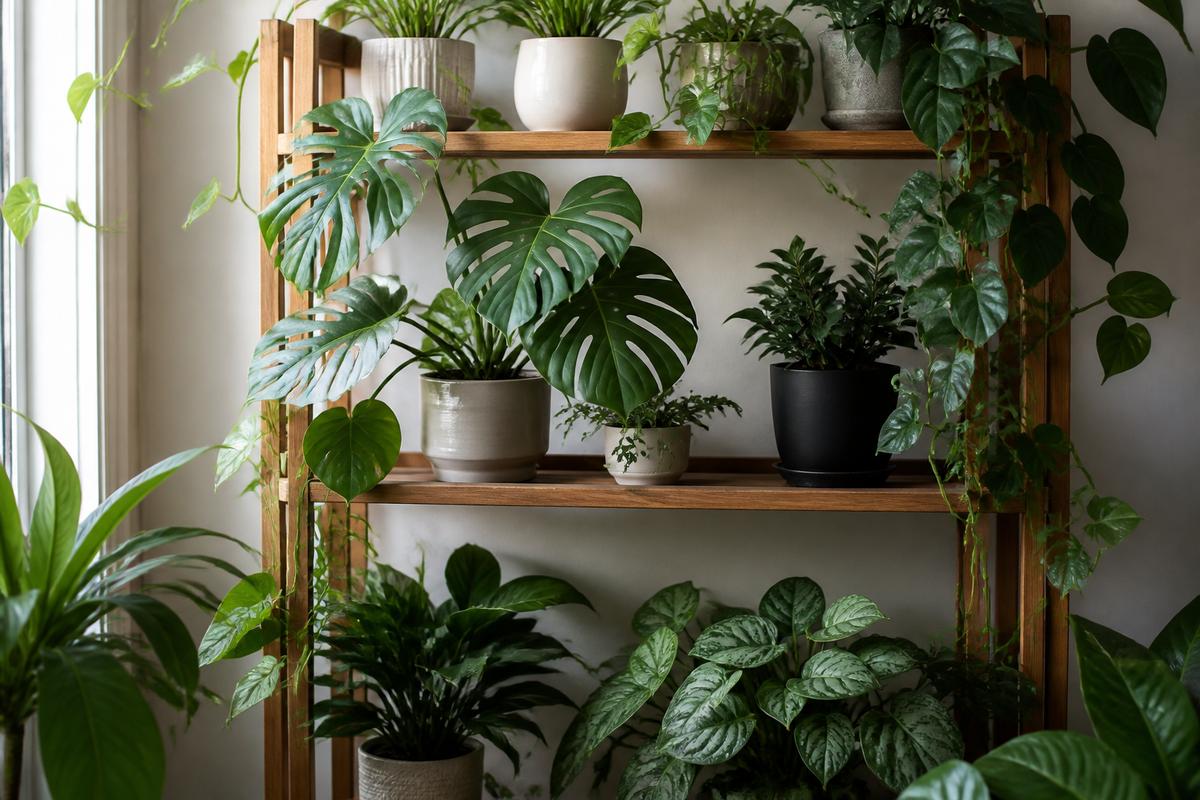 Ferns and leafy plants on a morning shelf