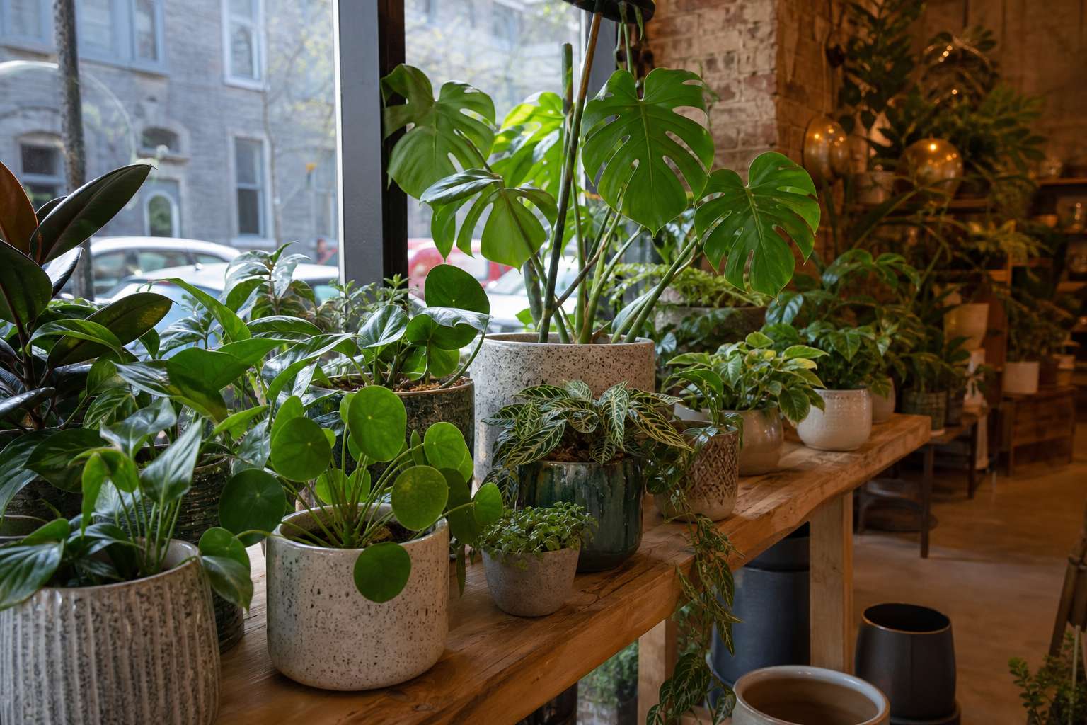 Leafy shelf arrangement by the shop window