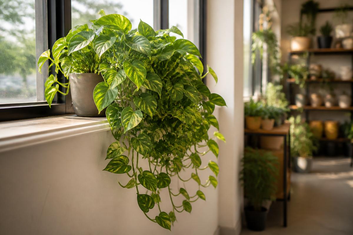 Trailing vine in a clay pot by a window
